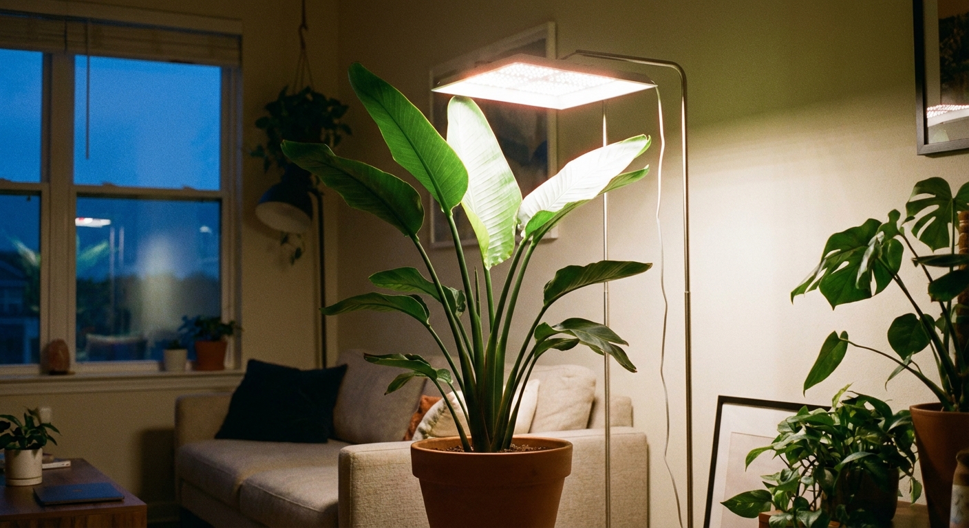 A Bird of Paradise plant under a simple white LED grow light on a stand in a home setting, light aimed downward onto the leaves, evening indoor scene, photorealistic photography