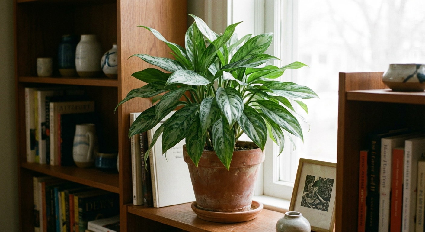 A Chinese evergreen plant with patterned green leaves in a terracotta pot on a bookshelf, soft indirect light, photorealistic