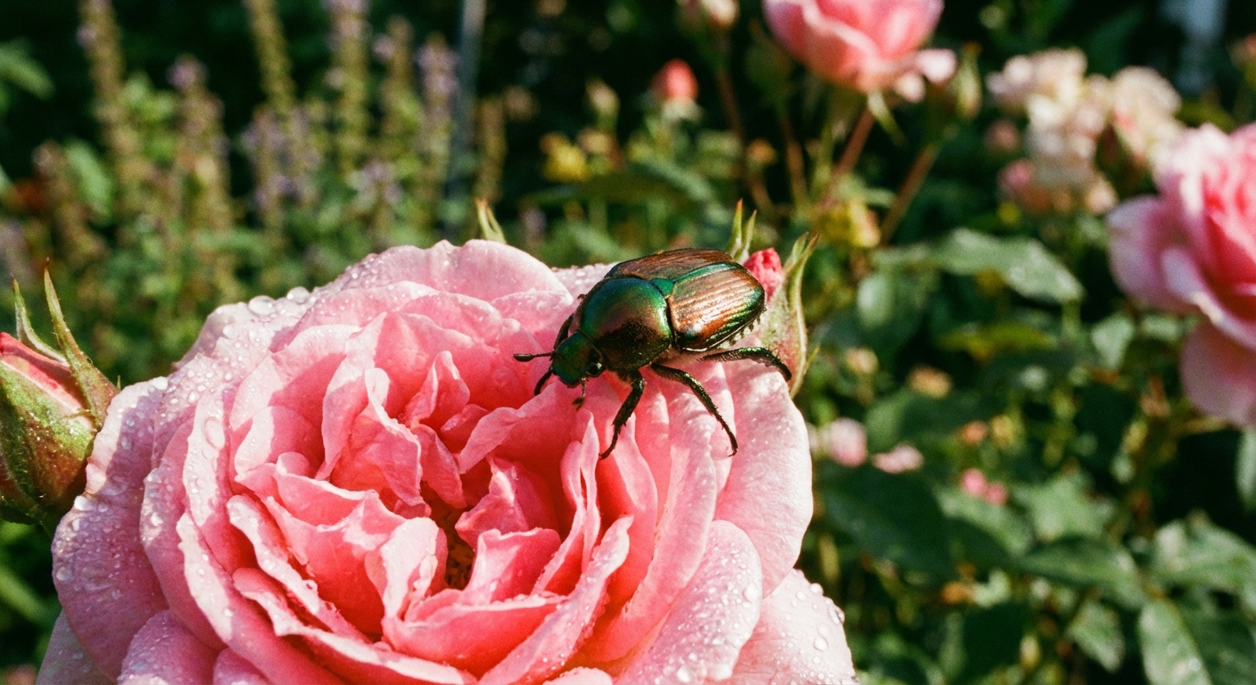 A Japanese beetle perched on a pink rose bloom with metallic green and copper coloring, photographed close up in a garden