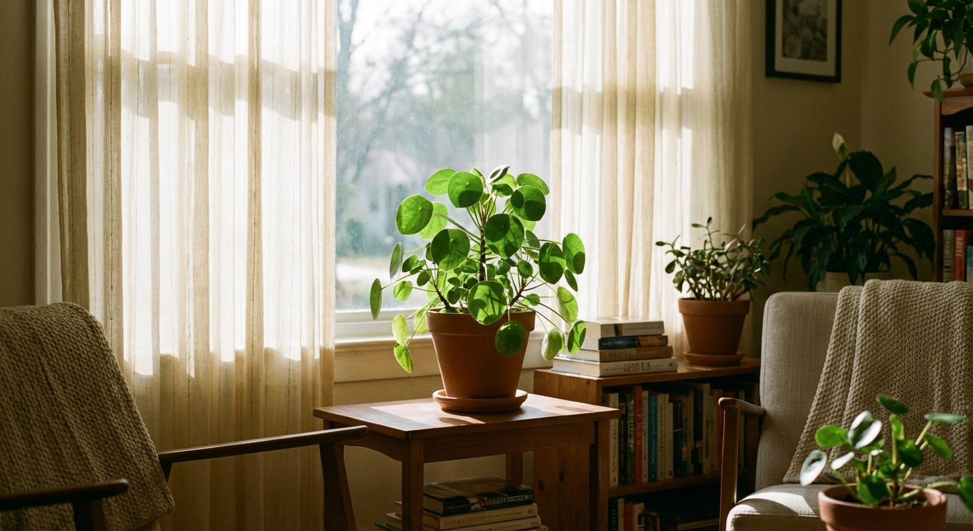 A Pilea peperomioides sitting a few feet back from a bright window with sheer curtains, soft indirect light falling across the round leaves, cozy indoor living room setting, realistic photography