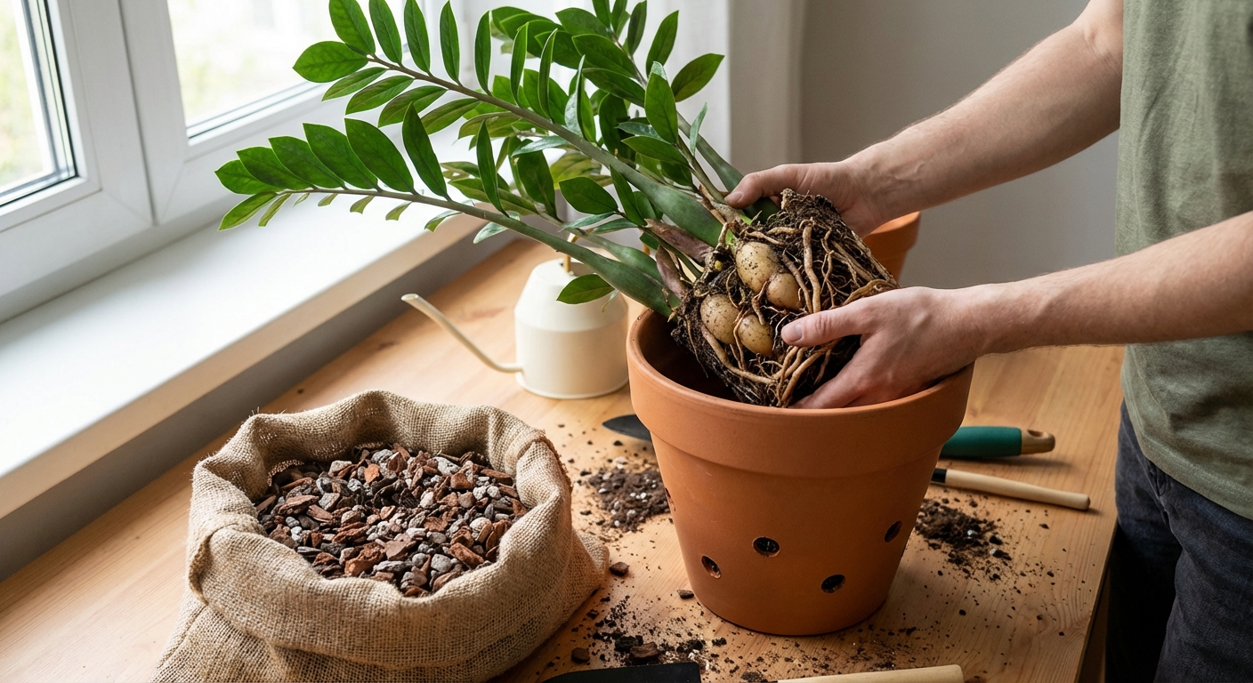 A ZZ plant being repotted on a tabletop with fresh chunky potting mix, a terracotta pot with drainage holes, and visible rhizomes, natural window light, photorealistic
