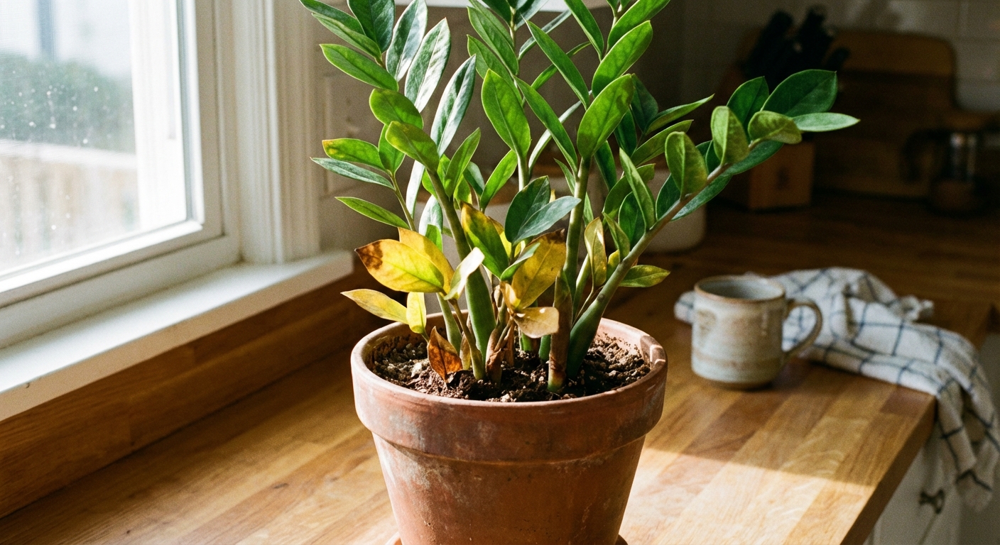 A ZZ plant in a pot with a few yellowing lower leaves near the base, sitting on a kitchen counter in natural daylight, photorealistic