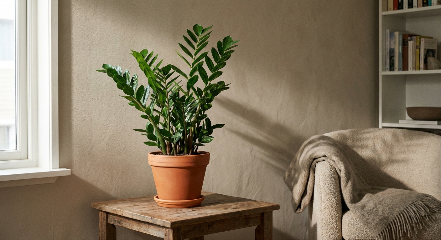 A ZZ plant sitting on a wooden side table in a softly lit living room corner, with gentle indirect daylight and a neutral wall behind it, photorealistic
