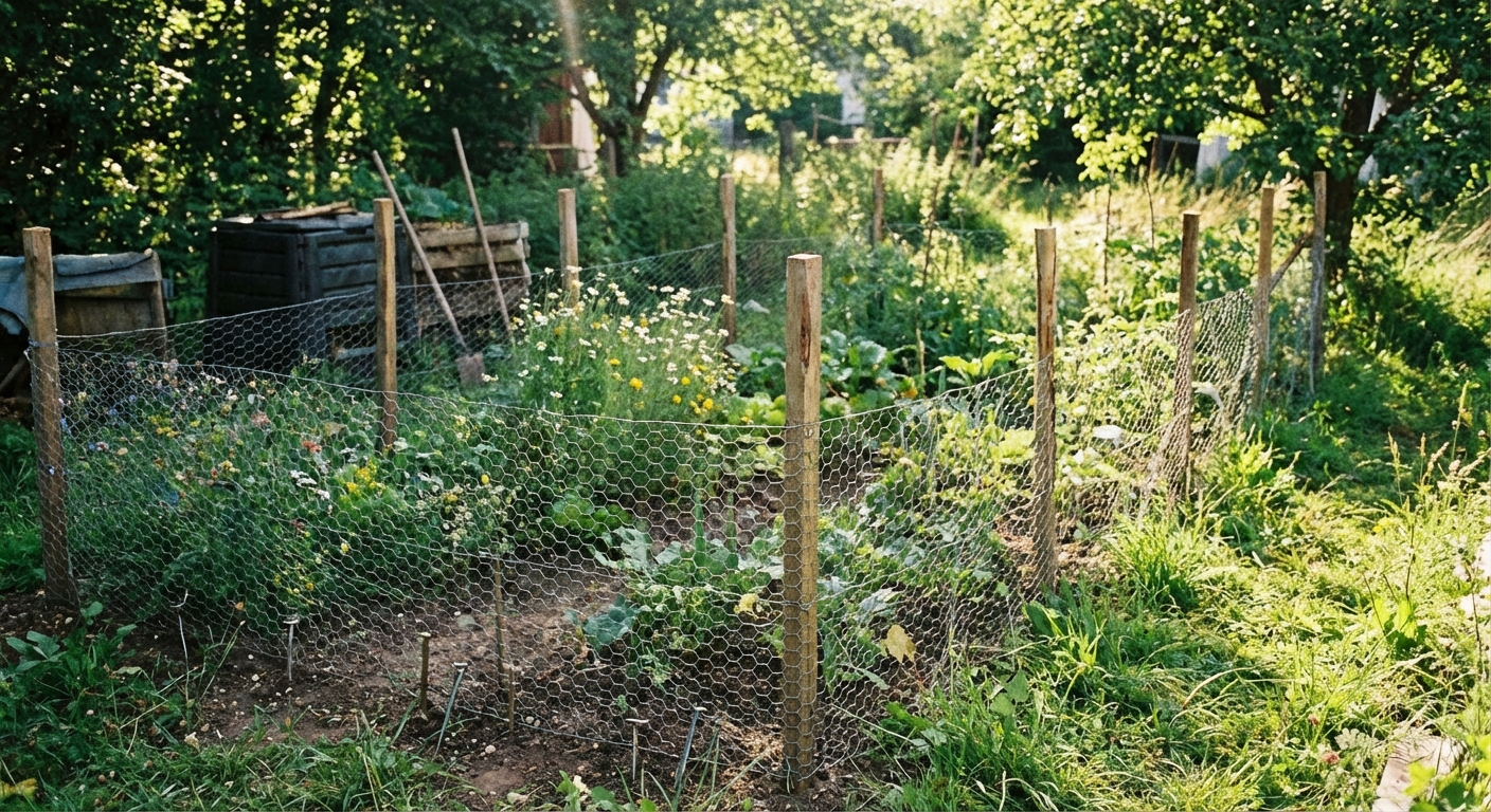 A backyard garden bed enclosed with a low chicken wire fence attached to wooden stakes, with the bottom edge pinned tightly to the soil, natural daylight photo