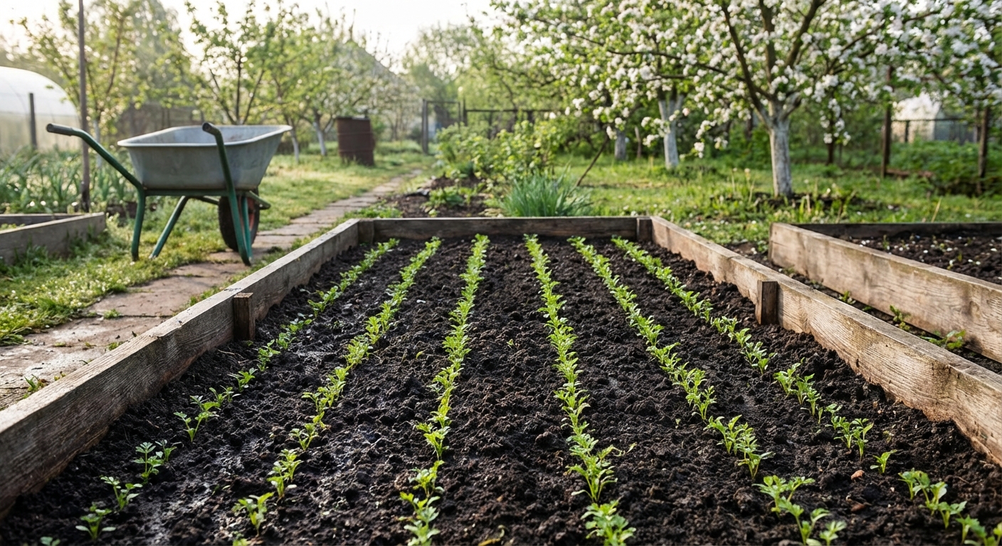 A backyard vegetable bed in spring with neat rows of tiny carrot seedlings emerging from dark, moist soil