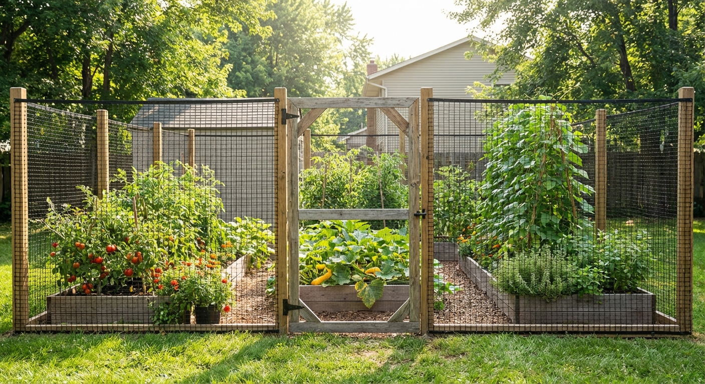 A backyard vegetable garden enclosed by an 8-foot black mesh deer fence with a simple gate, bright summer daylight, photorealistic