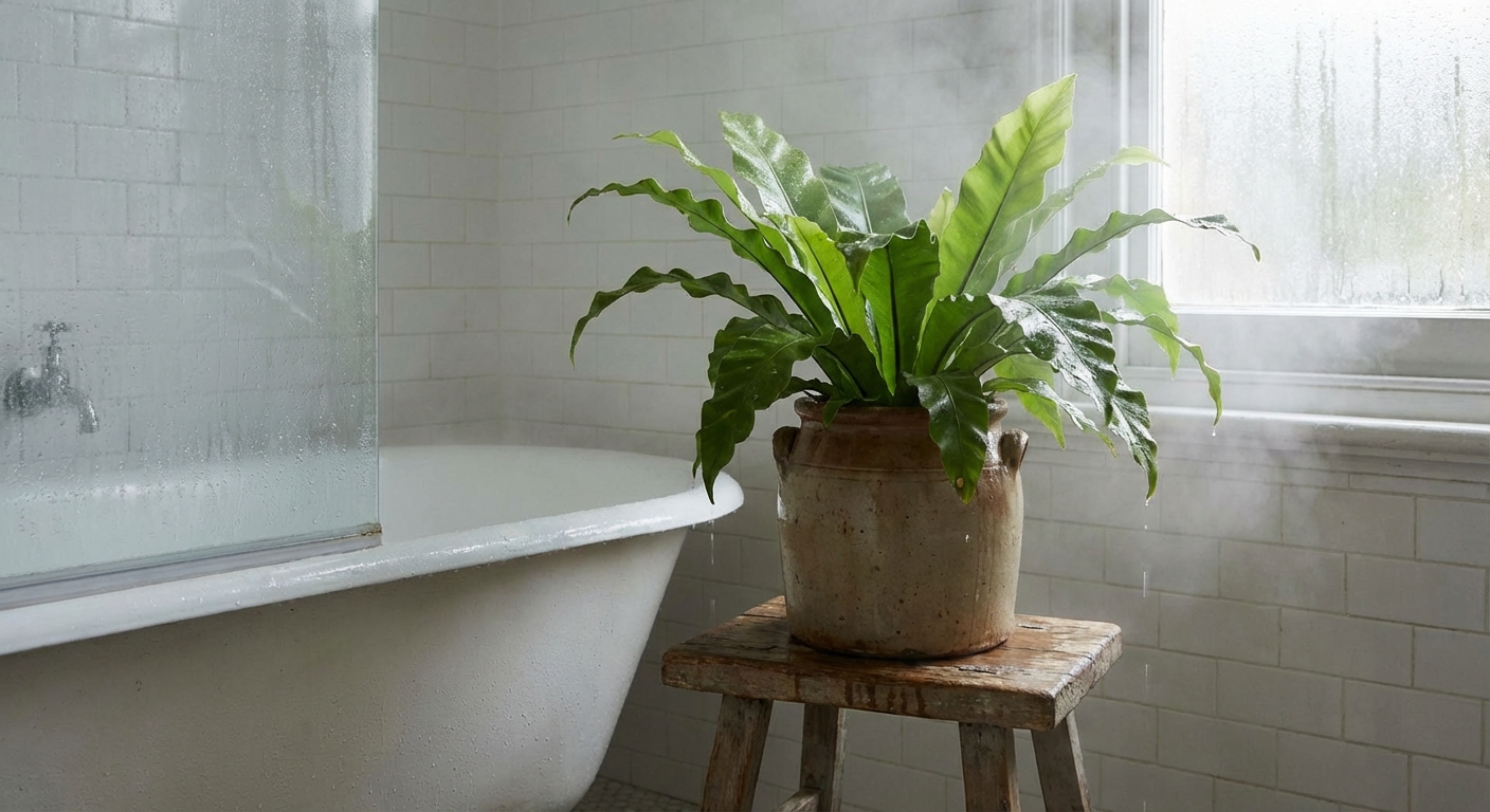 A bird’s nest fern in a ceramic pot on a small stool in a steamy bathroom