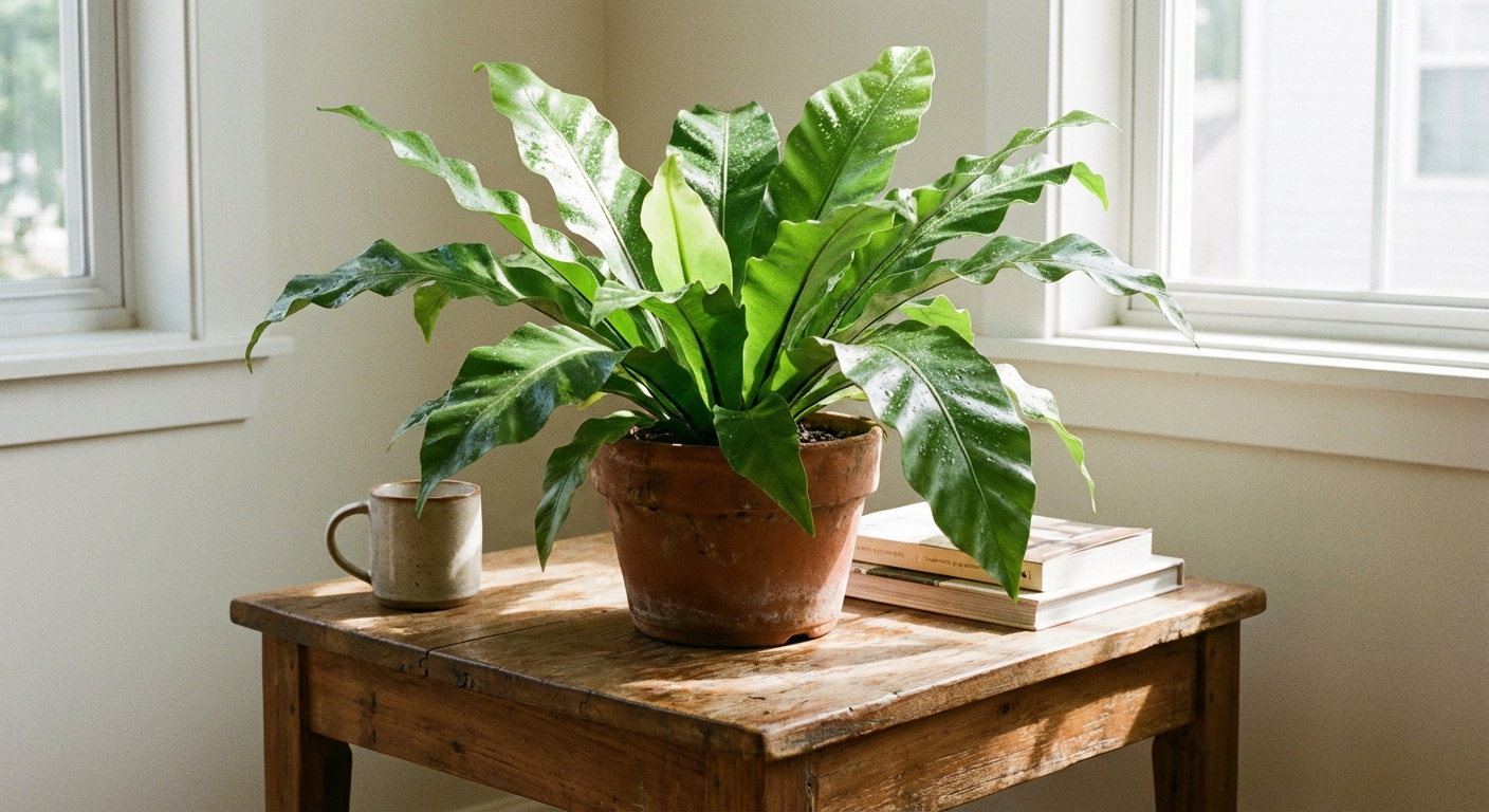 A bird’s nest fern with glossy fronds sitting on a wooden side table