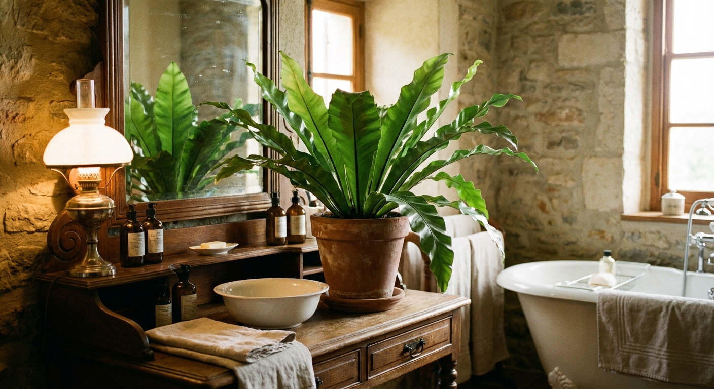 A bird's nest fern with wide glossy fronds placed on a vanity in a softly lit bathroom