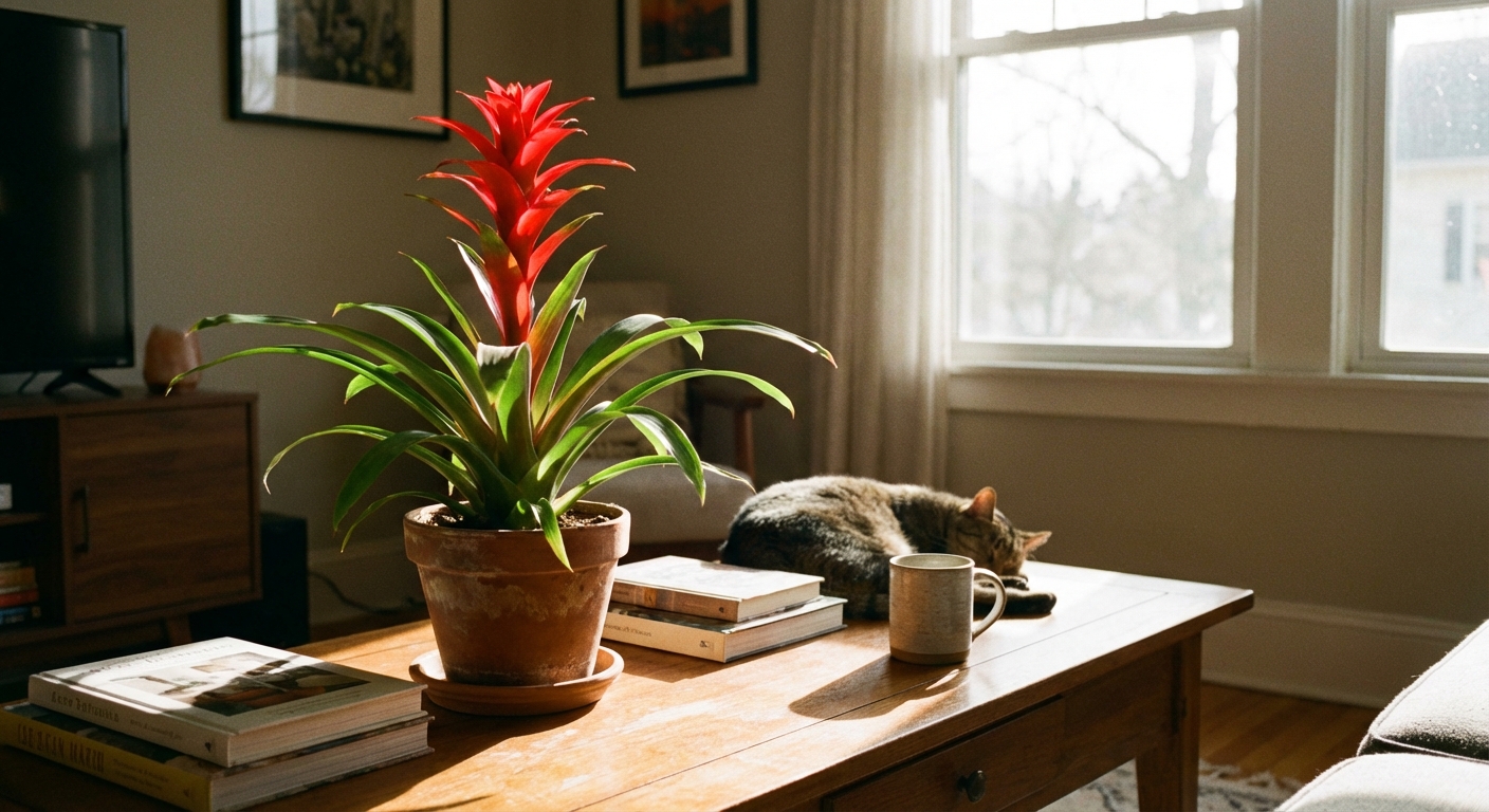 A bright red guzmania bromeliad in a pot on a sunny coffee table