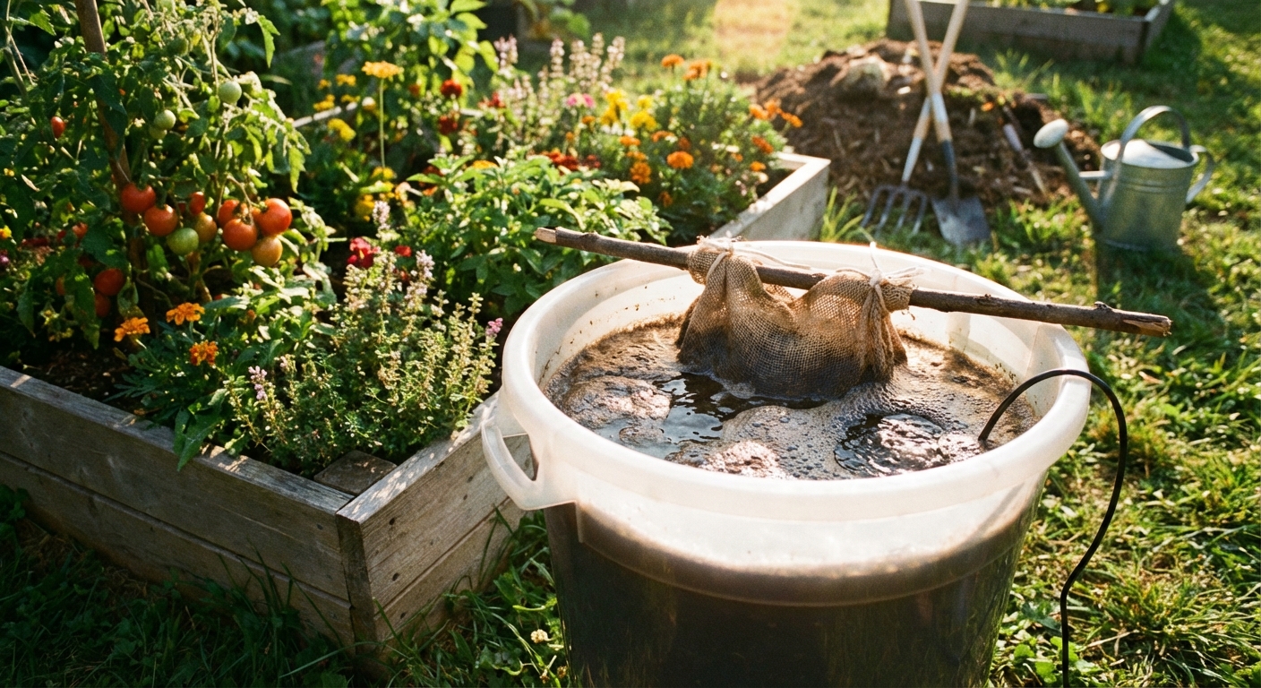 A bucket of compost tea steeping outdoors next to a garden bed on a sunny day