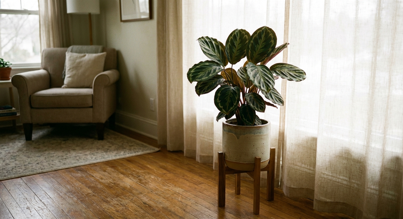 A calathea in a ceramic pot placed a few feet back from a bright window with a sheer curtain, soft diffused daylight, realistic indoor plant photo