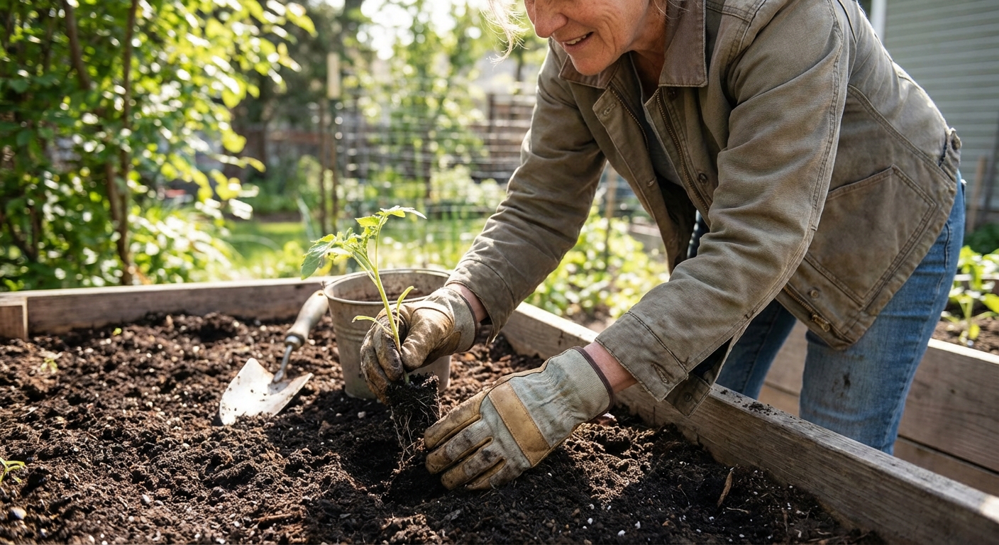 A candid photograph of hands gently planting a small seedling into rich garden soil outdoors, with a trowel resting on the ground nearby