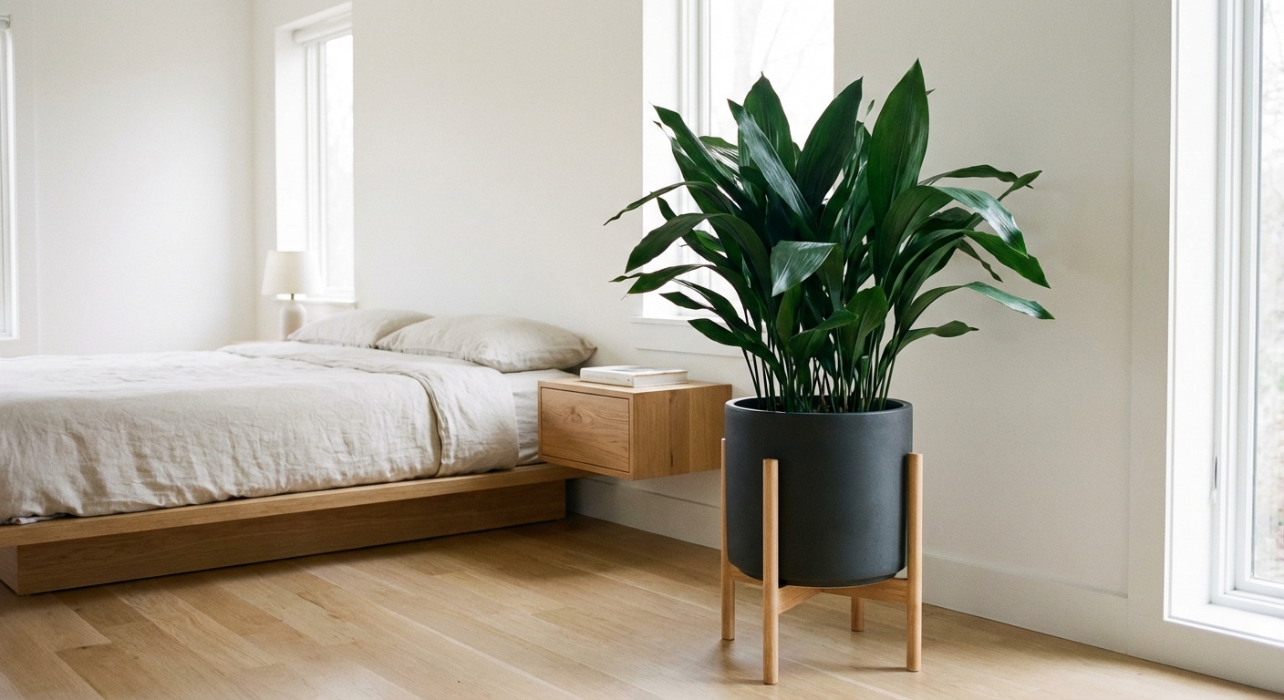 A cast iron plant with deep green leaves in a minimalist bedroom