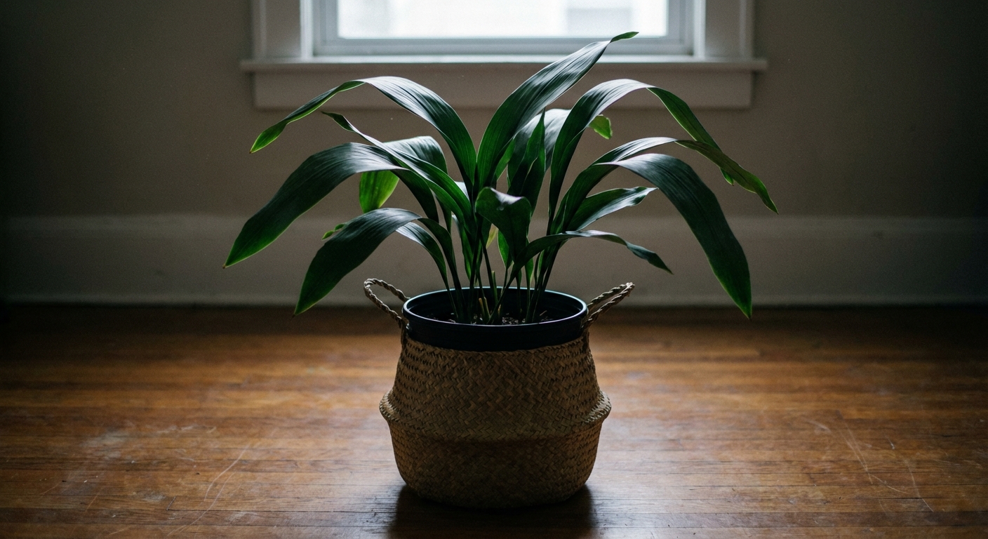 A cast iron plant with long dark green arching leaves in a black nursery pot placed in a woven basket on a hardwood floor, low indoor light, photorealistic