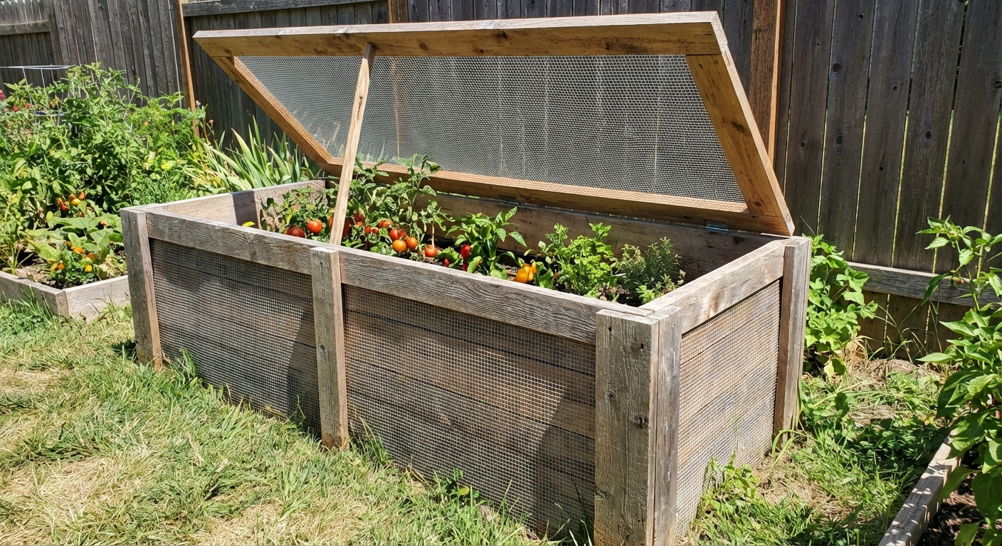 A cedar raised garden bed with hardware cloth attached along the outside and a simple hinged mesh lid propped open, realistic backyard photo