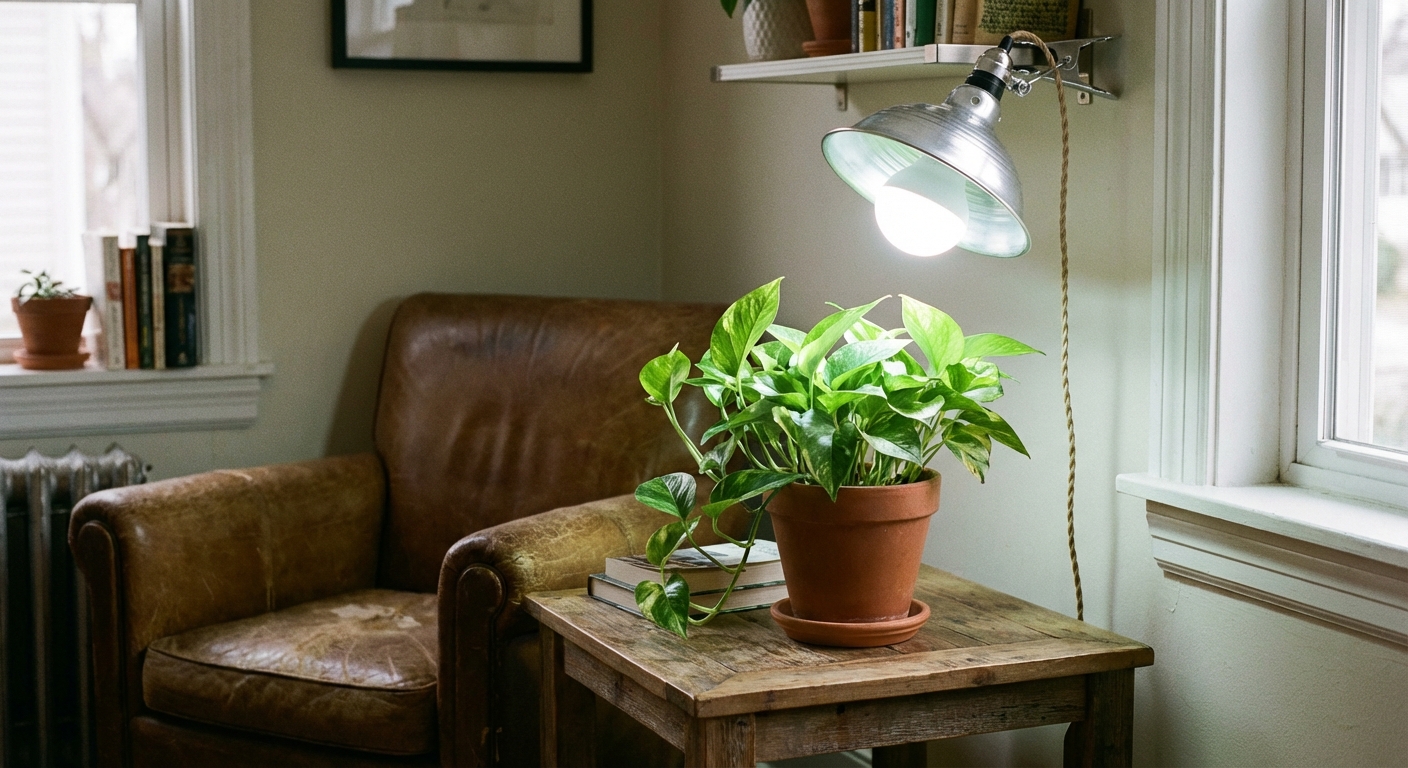 A clamp lamp with a white full spectrum grow light bulb shining on a single pothos plant on a small side table in a living room, photorealistic
