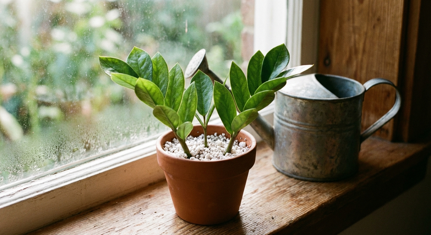 A close-up of ZZ plant leaflets inserted into a small pot of perlite on a windowsill, with soft indirect daylight and a watering can nearby, photorealistic