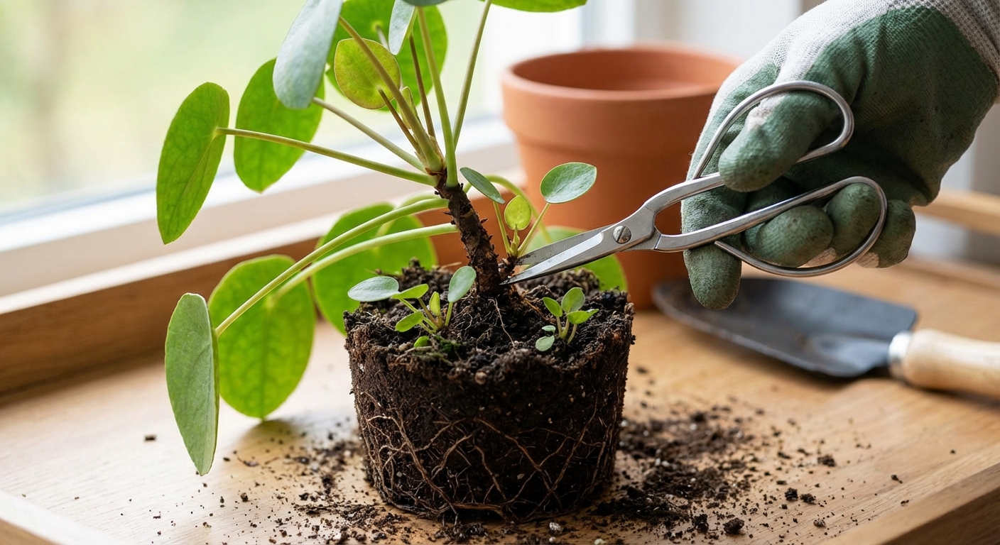 A close-up photo of a Pilea peperomioides removed from its pot showing several small pups at the base, a gardener gently separating one pup with clean scissors, indoor natural light, realistic photography