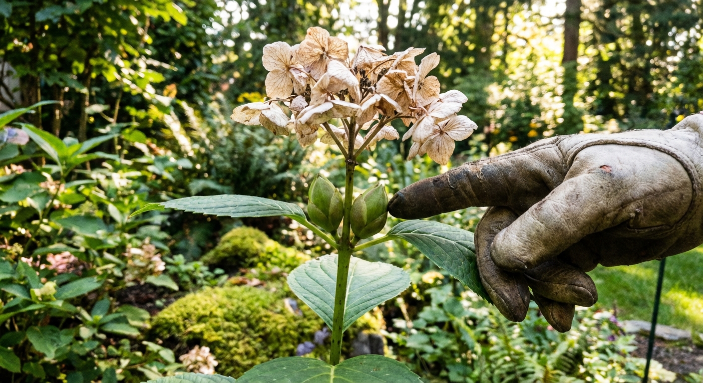 A close-up photo of a bigleaf hydrangea stem with two plump opposite buds below a faded flower head, with a gardener's hand pointing at the buds in a backyard garden