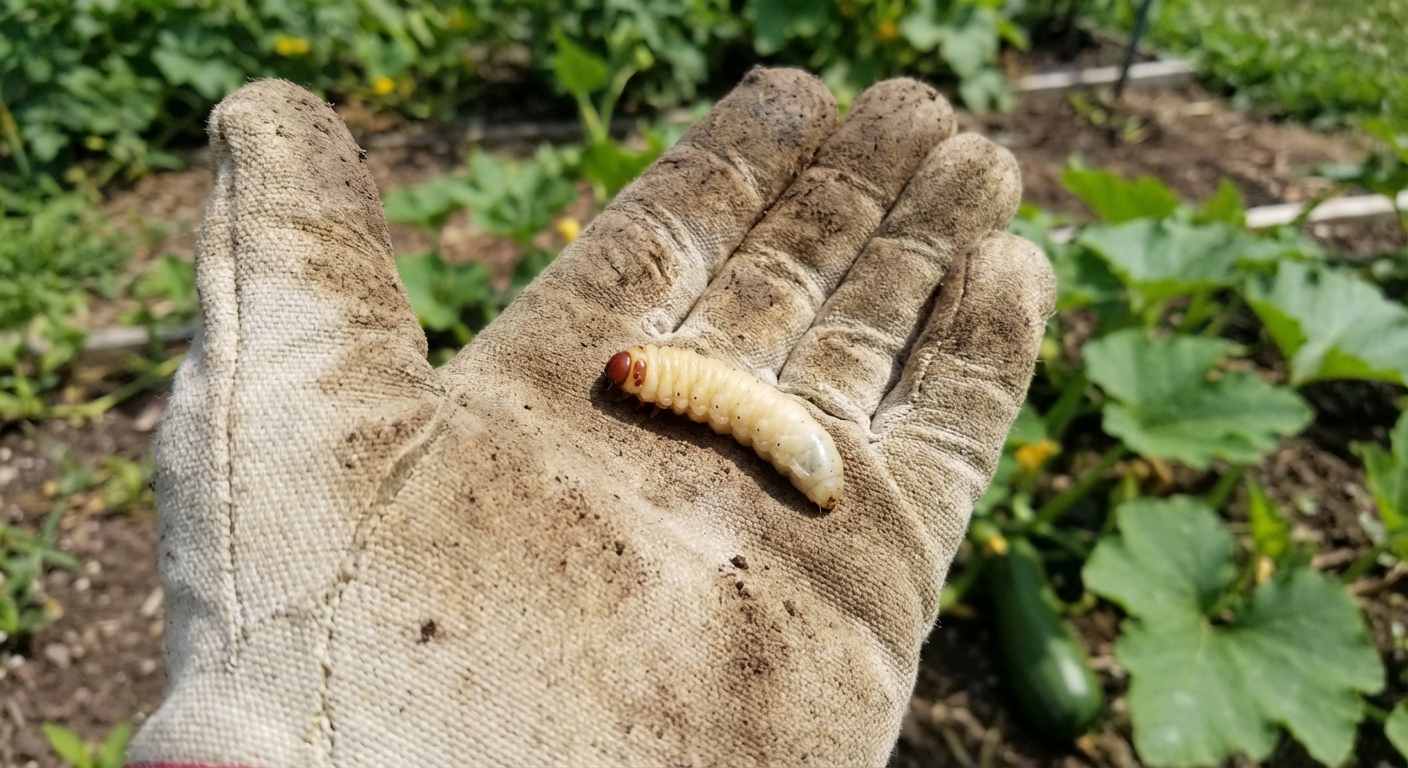 A close-up photo of a creamy white squash vine borer larva with a brown head resting on a gardener’s gloved palm, outdoor garden background blurred