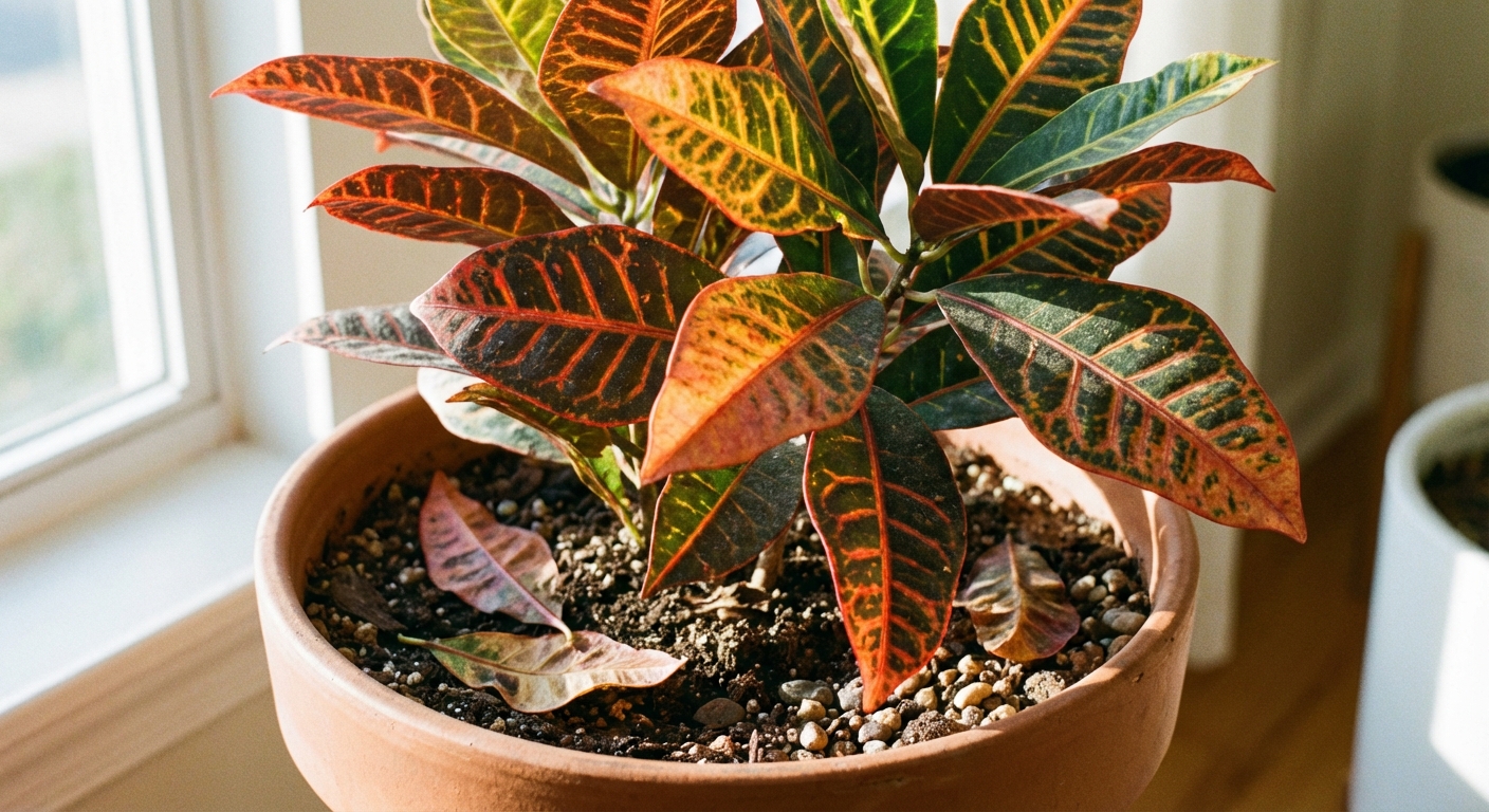 A close-up photo of a croton plant with a few fallen leaves on the soil surface in the pot, indoor setting with natural window light, realistic detail