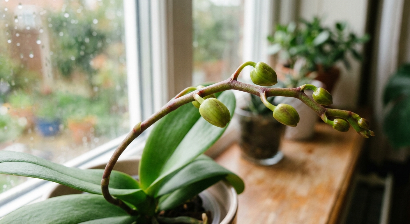 A close-up photo of a developing phalaenopsis orchid flower spike with several green buds forming, the plant on a bright indoor windowsill with soft natural light