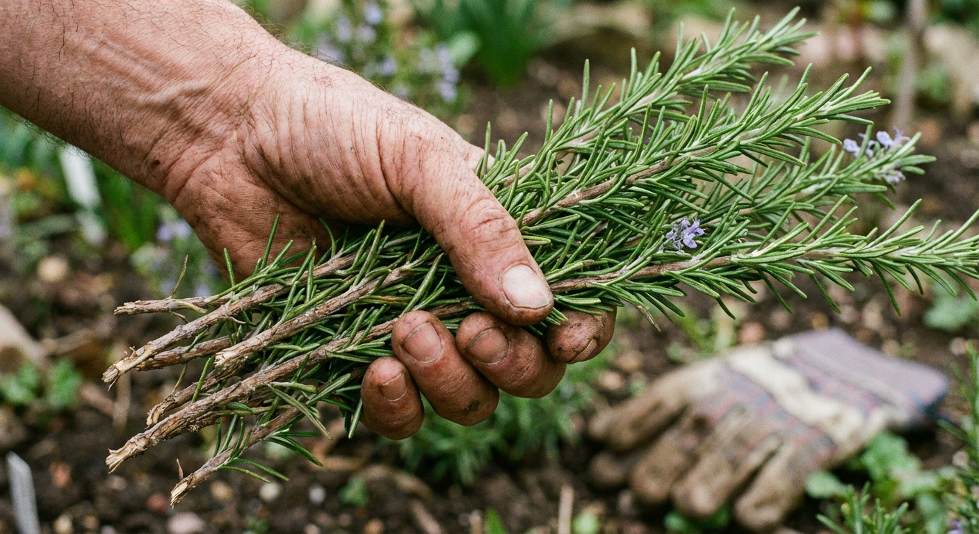 A close-up photo of a gardener holding several rosemary stems in one hand, showing a mix of green tips and slightly woody lower stems, shallow depth of field, photorealistic