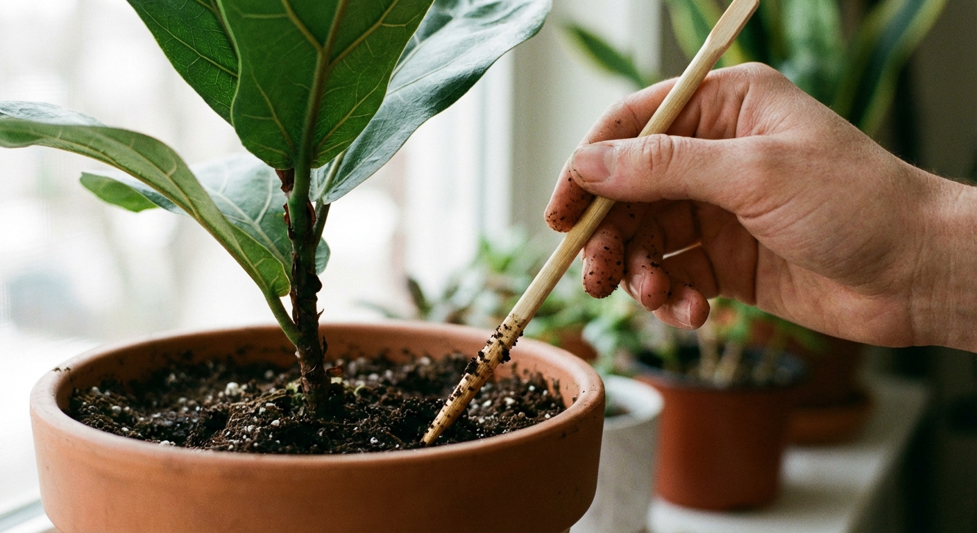 A close-up photo of a hand checking potting soil moisture with a wooden chopstick in a houseplant pot