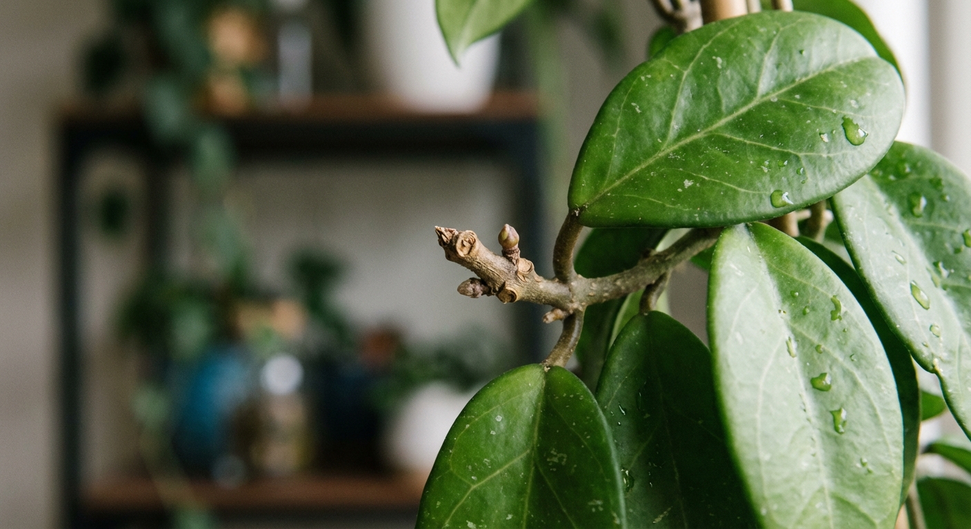 A close-up photo of a hoya vine showing a small flower spur peduncle and nearby thick leaves, sharp focus, natural indoor light