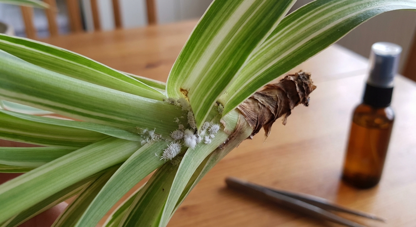 A close-up photo of a spider plant leaf base showing small white cottony mealybugs clustered near the stem, sharp macro focus, indoor plant care setting, photorealistic