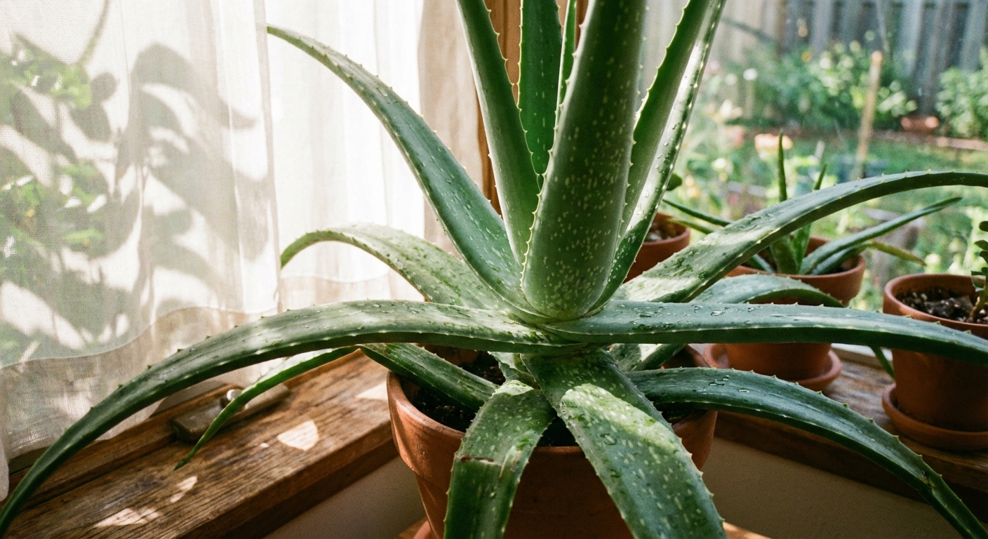 A close-up photo of an aloe vera plant receiving bright indirect light near a sunny window with soft shadows on the leaves, realistic indoor photography