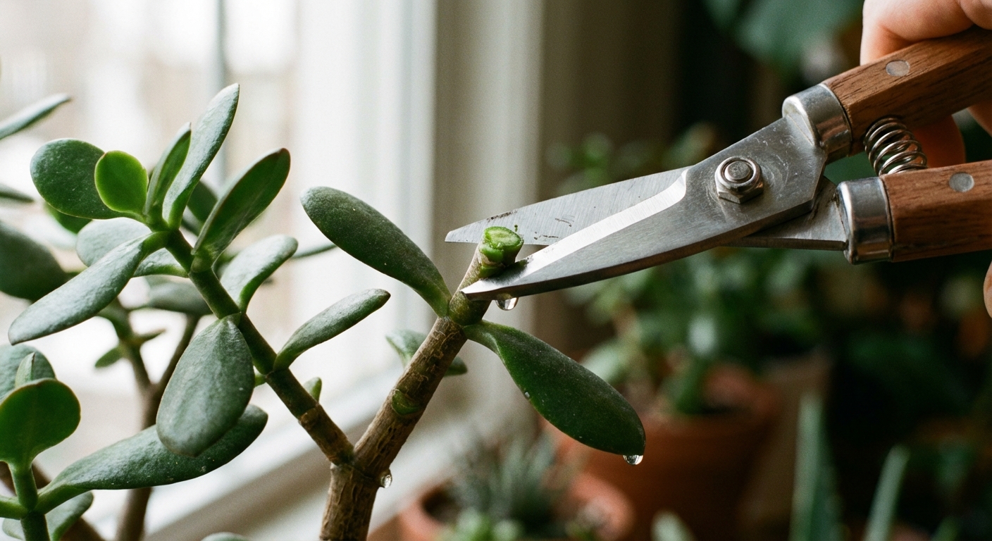 A close-up photo of clean hand pruners trimming the tip of a jade plant branch above a leaf node, indoor natural light, sharp focus on the cut