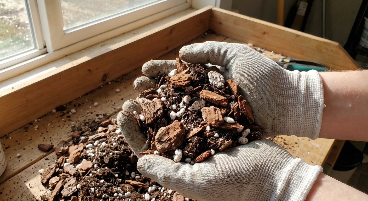 A close-up photo of hands holding chunky aroid potting mix with bark, perlite, and dark soil over a potting bench, indoor natural light, photorealistic