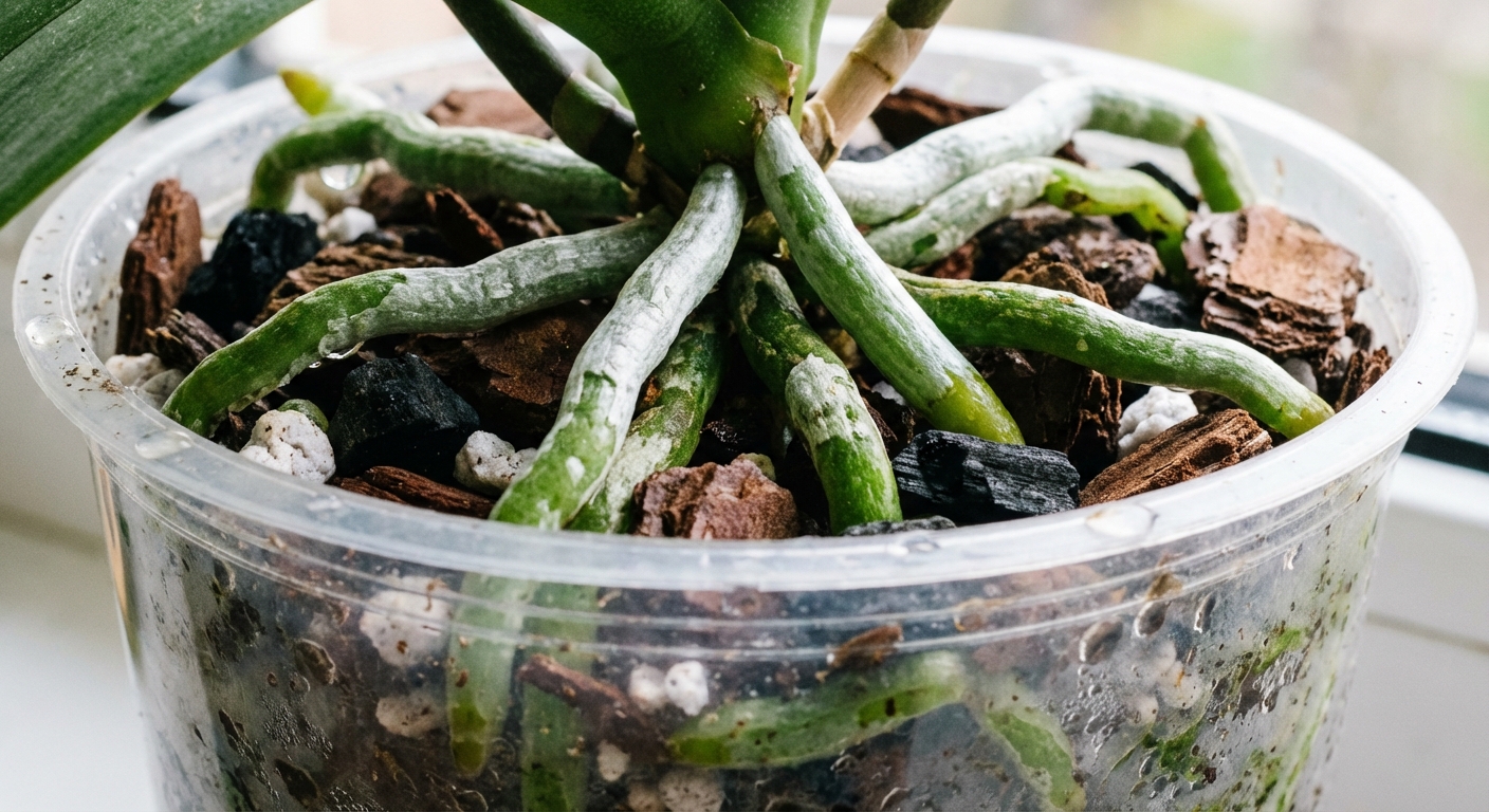 A close-up photo of healthy Phalaenopsis orchid roots in a clear plastic pot filled with chunky bark mix, showing a mix of green and silvery roots in bright indirect light, photorealistic macro plant photography