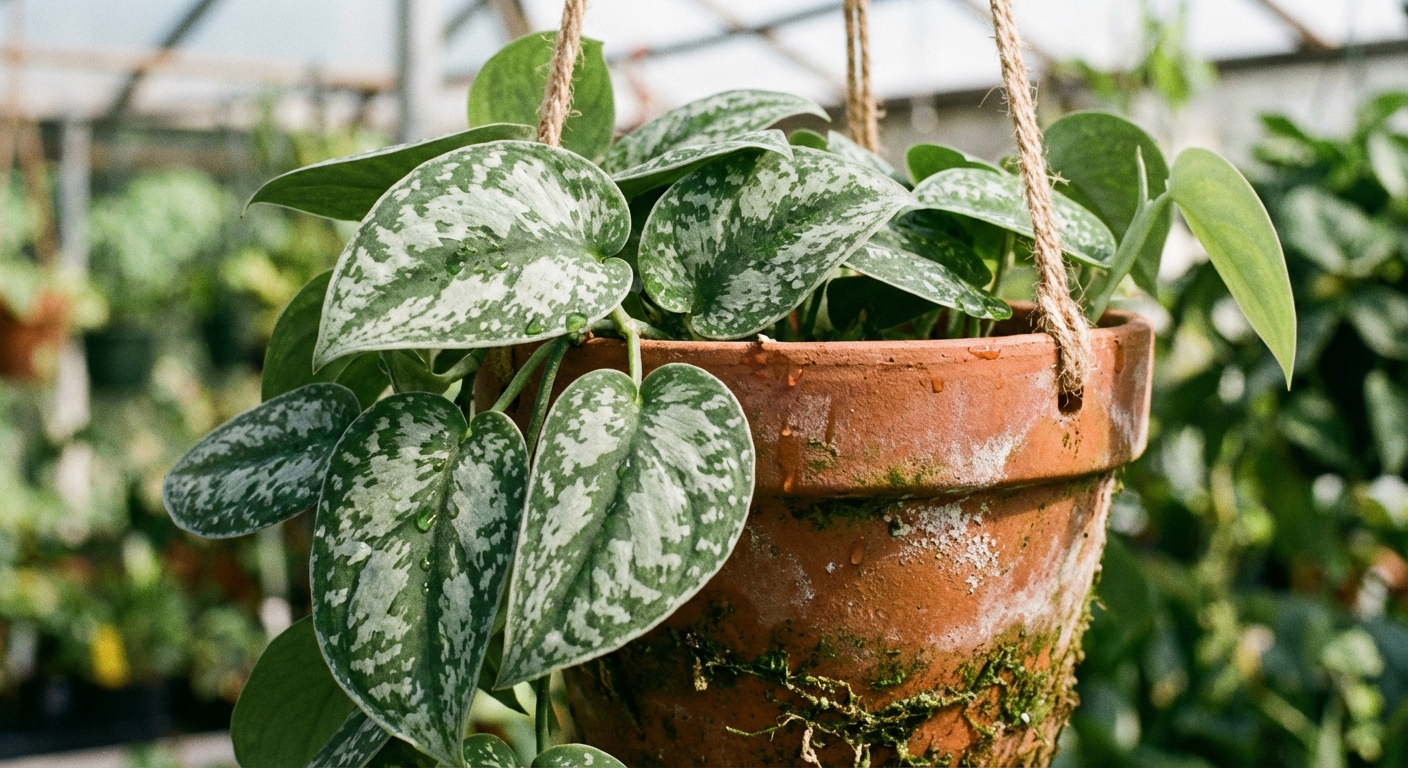 A close-up photo of satin pothos leaves with silver spotting trailing over the rim of a hanging pot