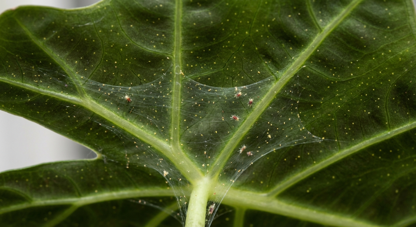 A close-up photo of the underside of an Alocasia leaf showing fine spider mite webbing and tiny speckling near the veins, macro photography, photorealistic
