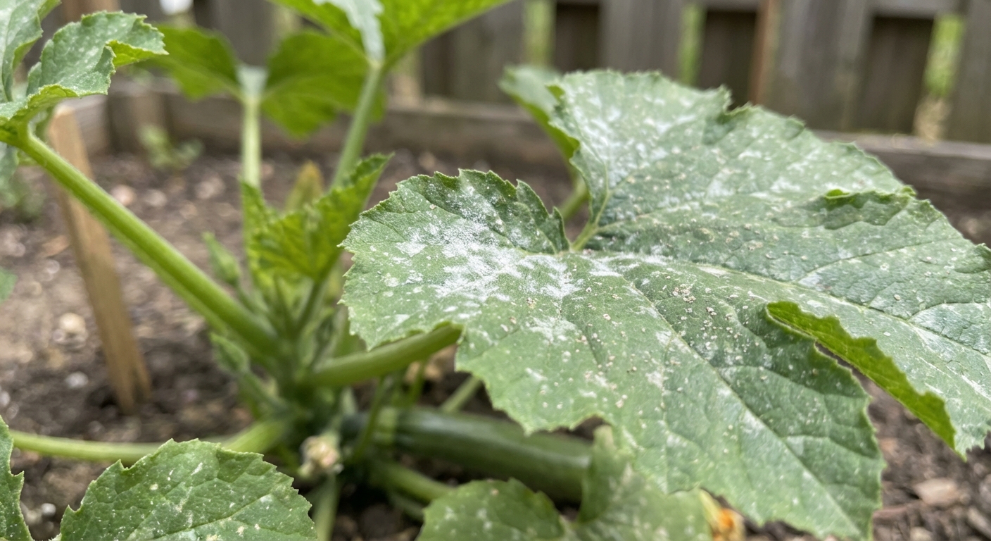 A close-up photo of zucchini leaves showing early powdery mildew as white dusty patches on the surface, with the rest of the plant in soft focus, natural outdoor light, photorealistic