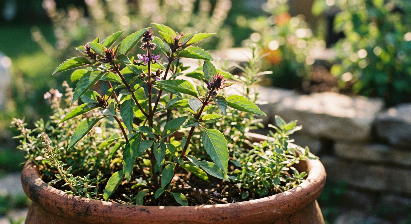 A close-up photograph of Thai basil with purple stems and pointed green leaves growing in an outdoor container, sunlit with a softly blurred garden background