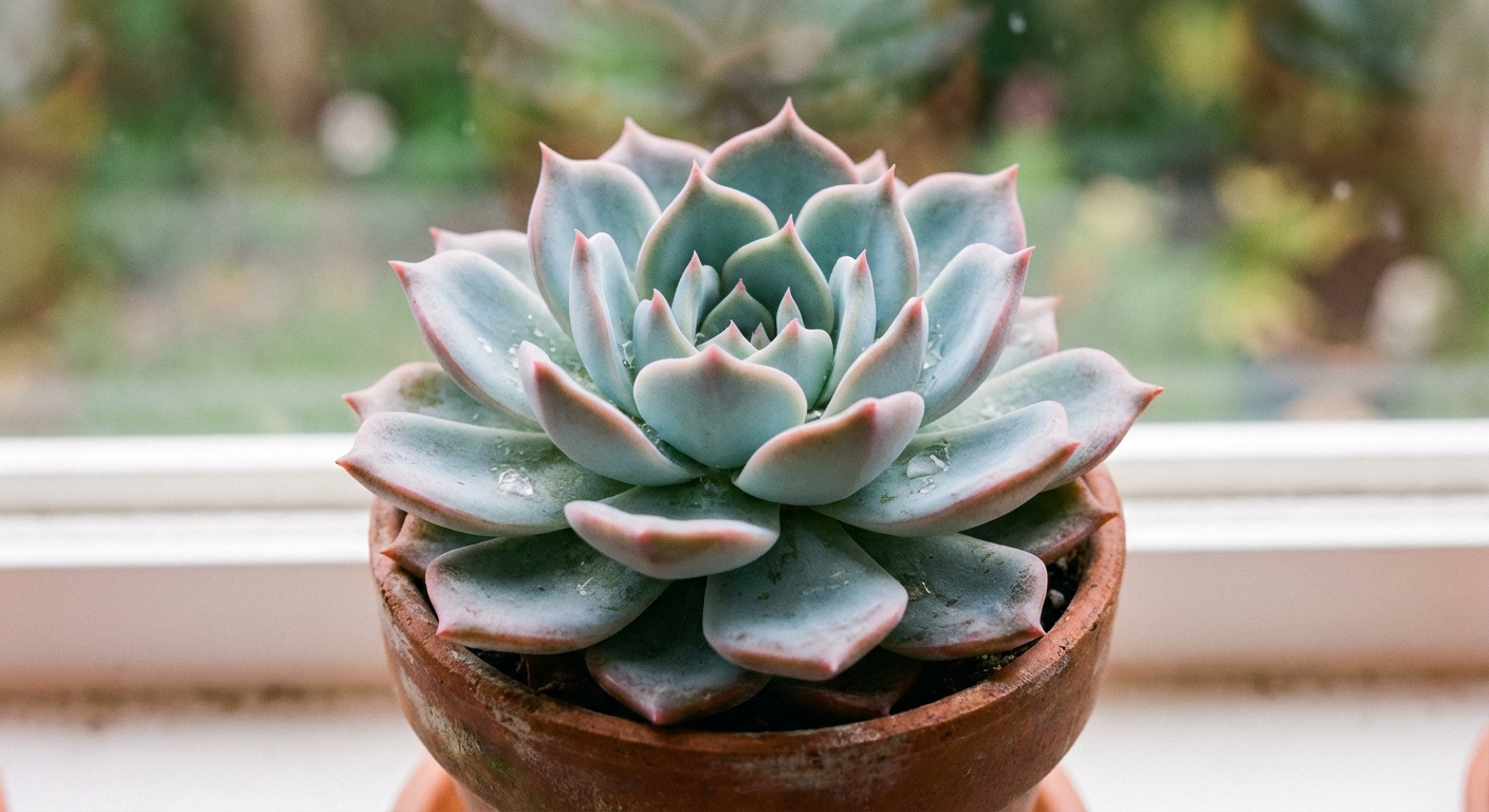 A close-up photograph of a healthy echeveria rosette with powdery blue-green leaves and a hint of pink at the tips, grown in a small pot, natural light, photorealistic