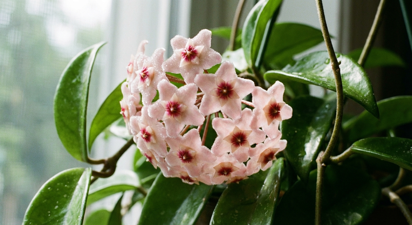 A close-up photograph of a hoya carnosa bloom cluster with pale pink star-shaped flowers and glossy leaves, soft window light, high detail
