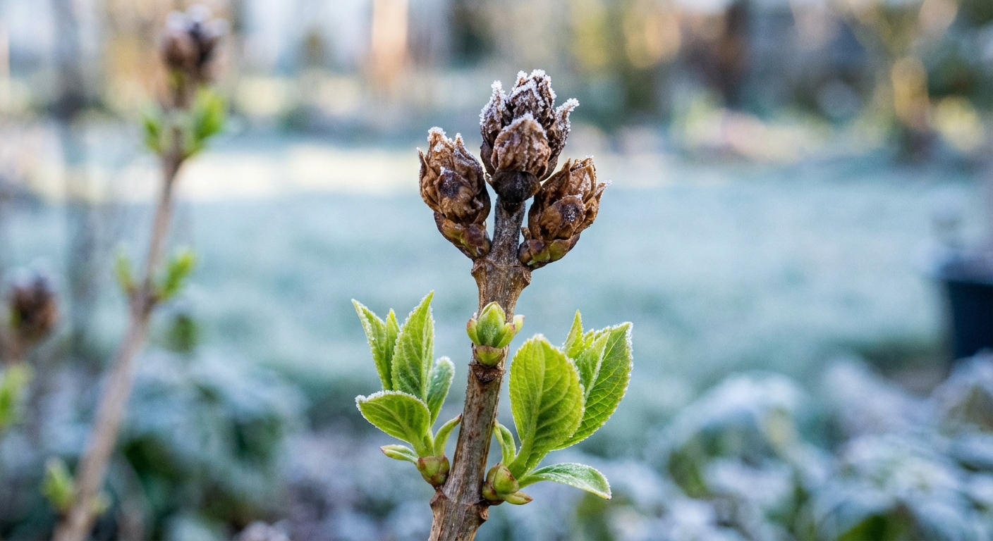 A close-up photograph of a hydrangea stem tip with browned, shriveled buds after a late spring frost, with fresh green leaves emerging lower on the stem