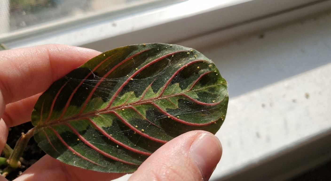 A close up photograph of a prayer plant leaf being inspected by hand near a window, showing fine webbing and tiny speckling consistent with spider mites, shallow depth of field, photorealistic