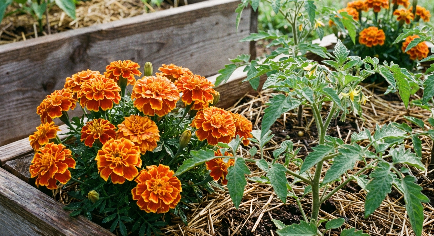 A close-up photograph of bright orange French marigolds blooming beside young tomato plants in a garden bed