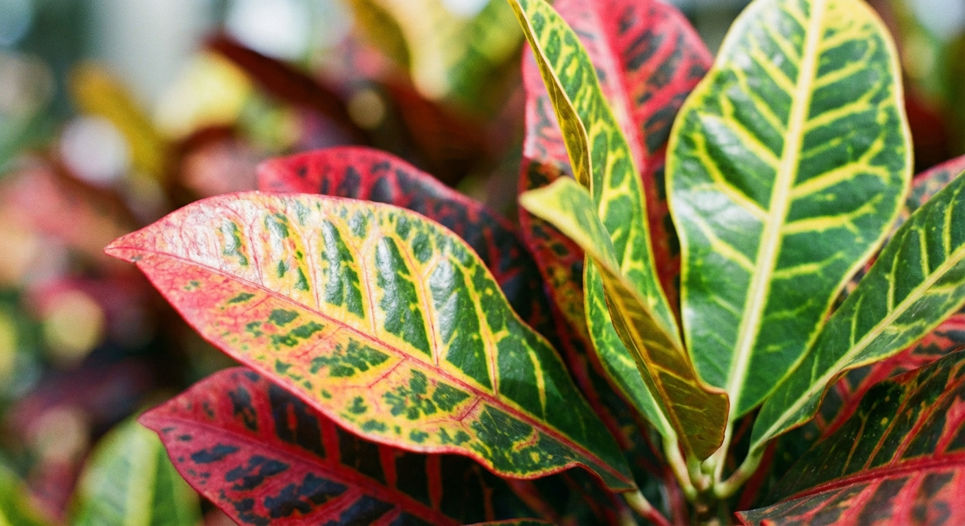 A close-up photograph of croton leaves showing bold red, yellow, and green variegation with a natural sheen, shallow depth of field, realistic detail