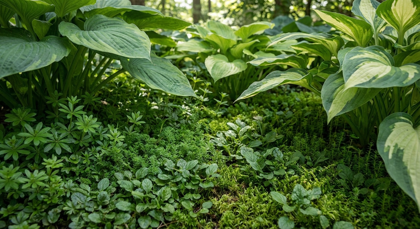 A close-up photograph of dense green ground cover plants filling in beneath hostas in a shaded garden bed, soft natural light, photorealistic