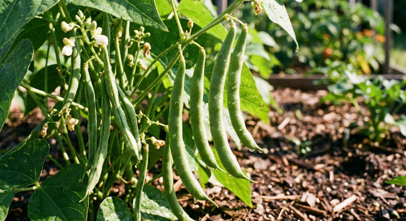 A close-up photograph of fresh green bush beans hanging on a plant in a sunny garden bed