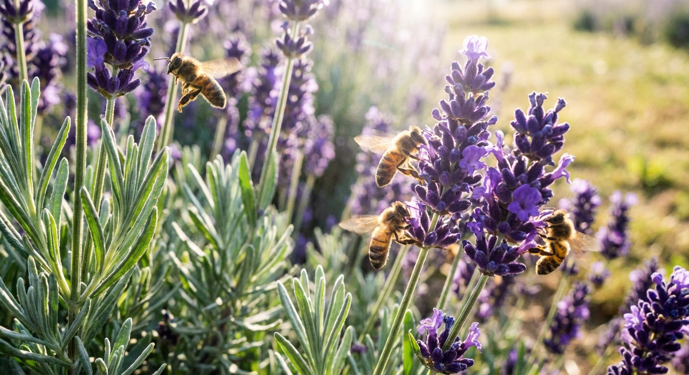 A close-up photograph of lavender spikes in bloom with purple flowers and silvery green foliage, bees visiting the flowers in bright summer sunlight, photorealistic