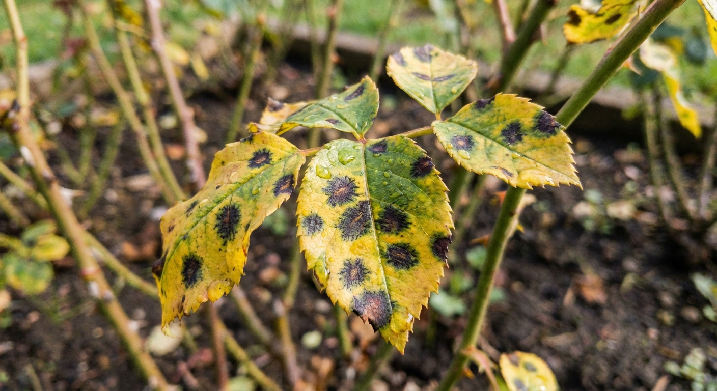 A close-up photograph of rose leaves showing black spot disease with dark circular spots and yellowing around the edges, outdoors in natural light