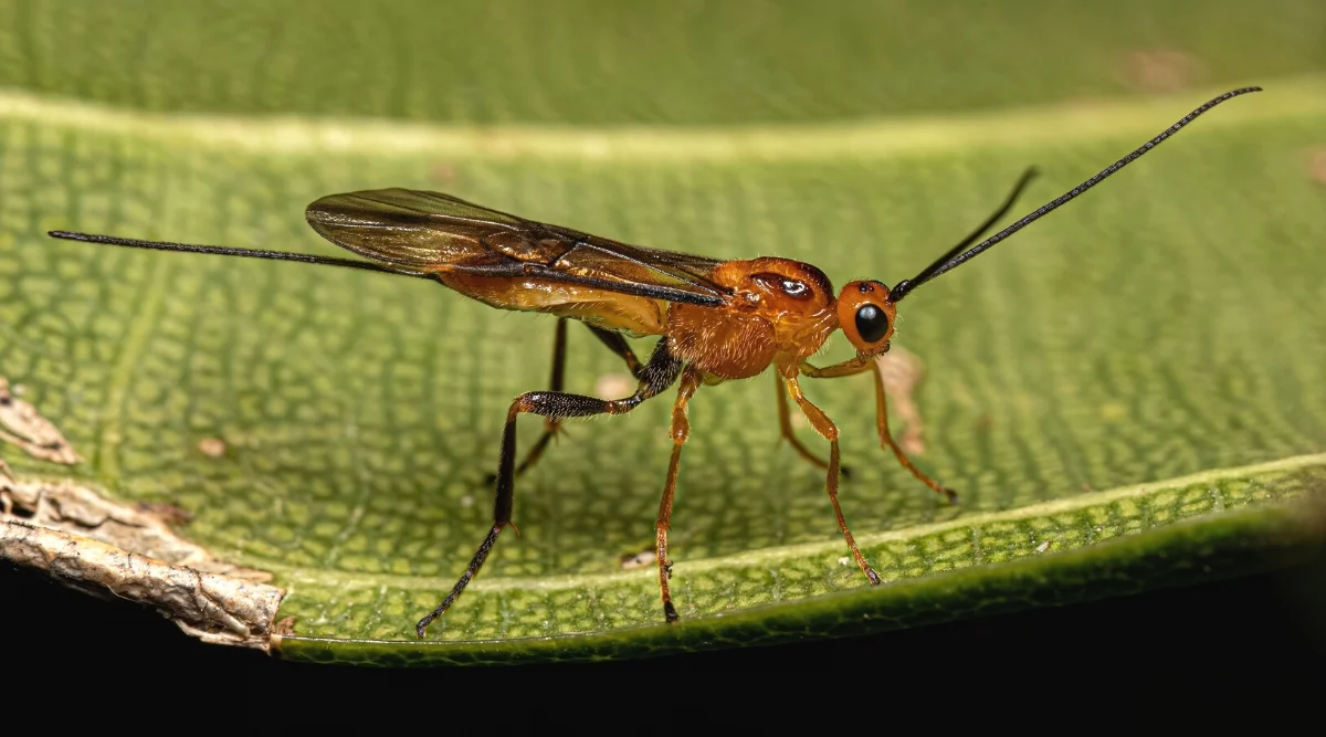 A close-up real photograph of a tiny parasitic wasp perched on a green leaf surface in a garden, with a softly blurred natural background